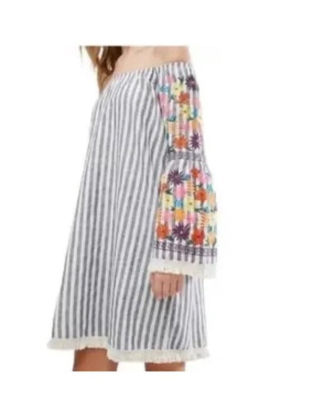 Philosophy Dress Womens Large Gary Striped Linen Blend Embroidered Bell Sleeve